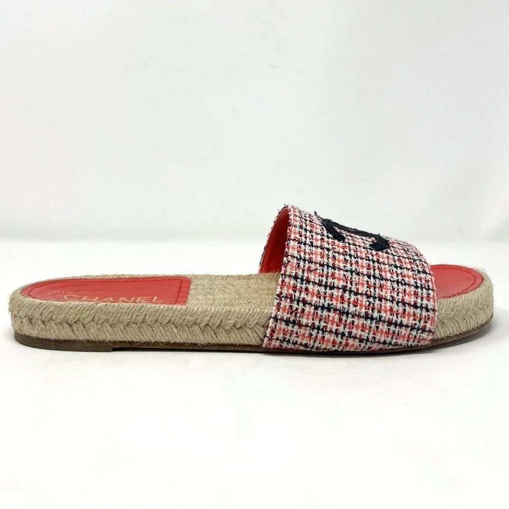 Chanel Logo Tweed Slide Espadrilles Sandals Orange‎ Red White EU 40